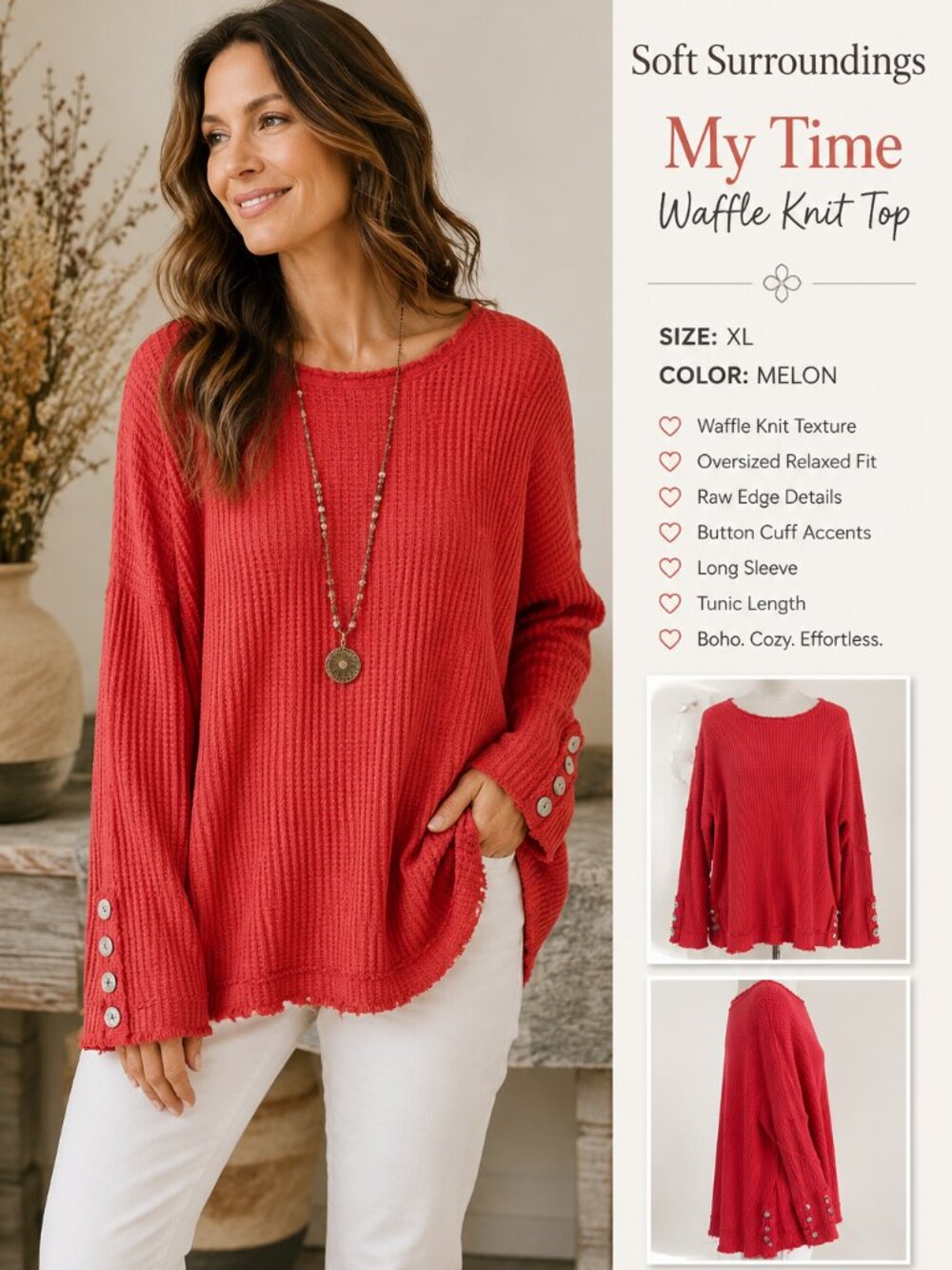 Soft Surroundings My Time Waffle Knit Top Womens XL Melon Oversized Tunic Boho - Picture 2 of 10